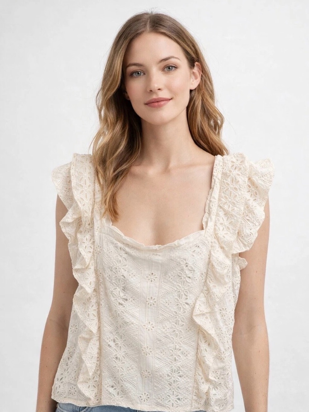Spartina 449 Women’s Ivory Cotton Eyelet Ruffle Square Neck Blouse Size L NWT!